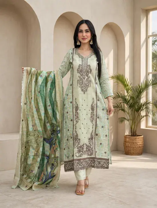 Mahira - Color Mint Green  | 3 Piece | Unstitched Embroidered