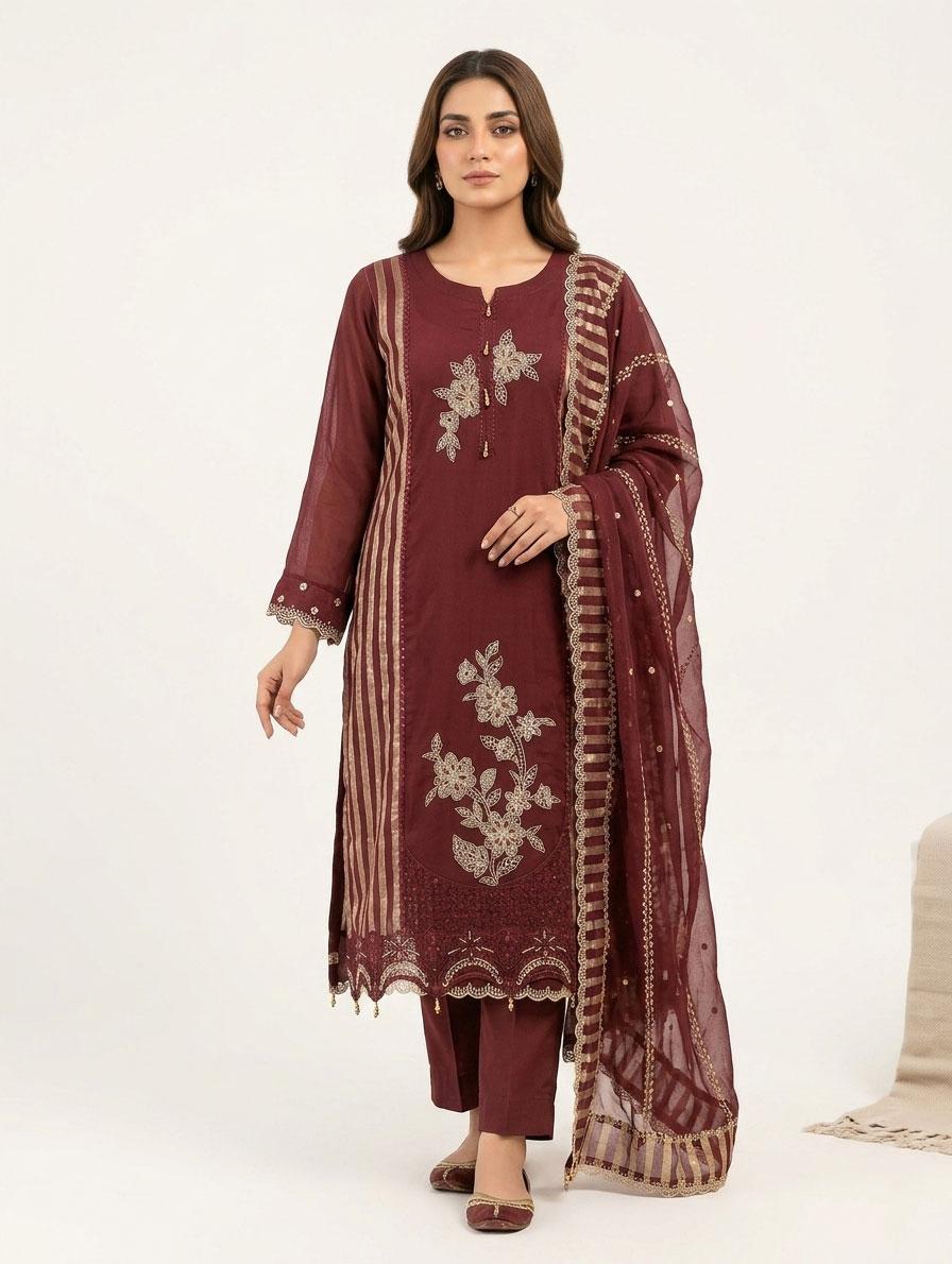 Mahveen - Color Classic Maroon | 4 piece | Unstiched